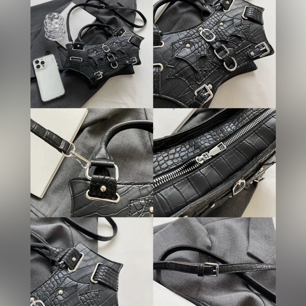 Rock Steampunk Style Rivet Satchel Handbag, Gothic Bat Wing Shape​ - Picture 5 of 8